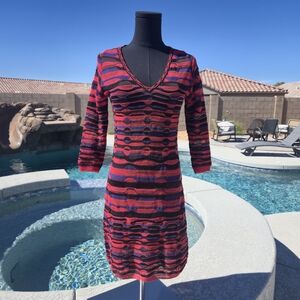 M Missoni Red Purple Knit Dress IT 40 Wool Blend V Neck Italy